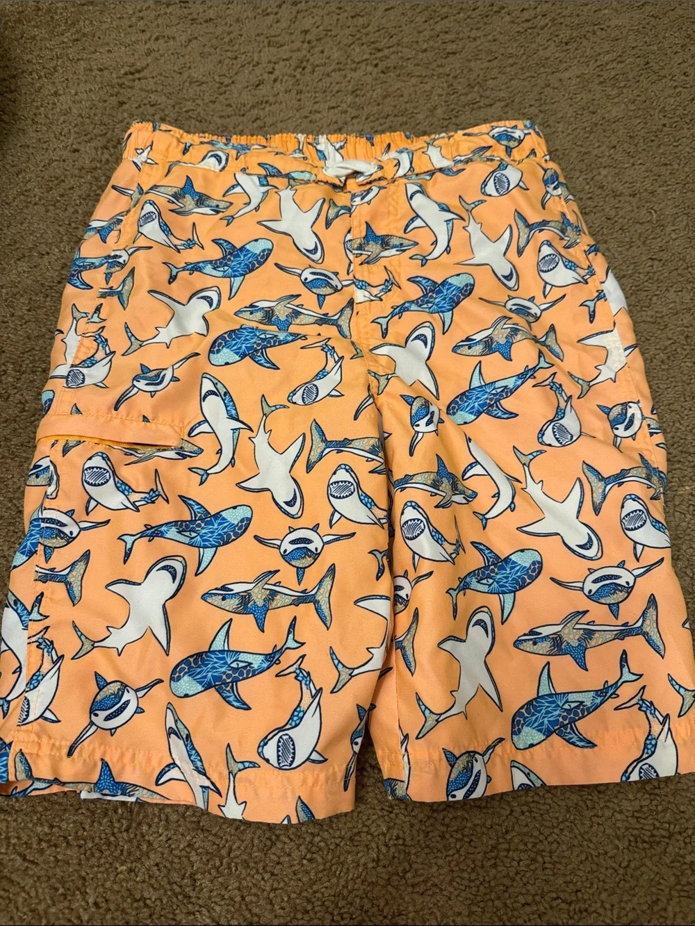 Orange Shark Print Swim Trunks
